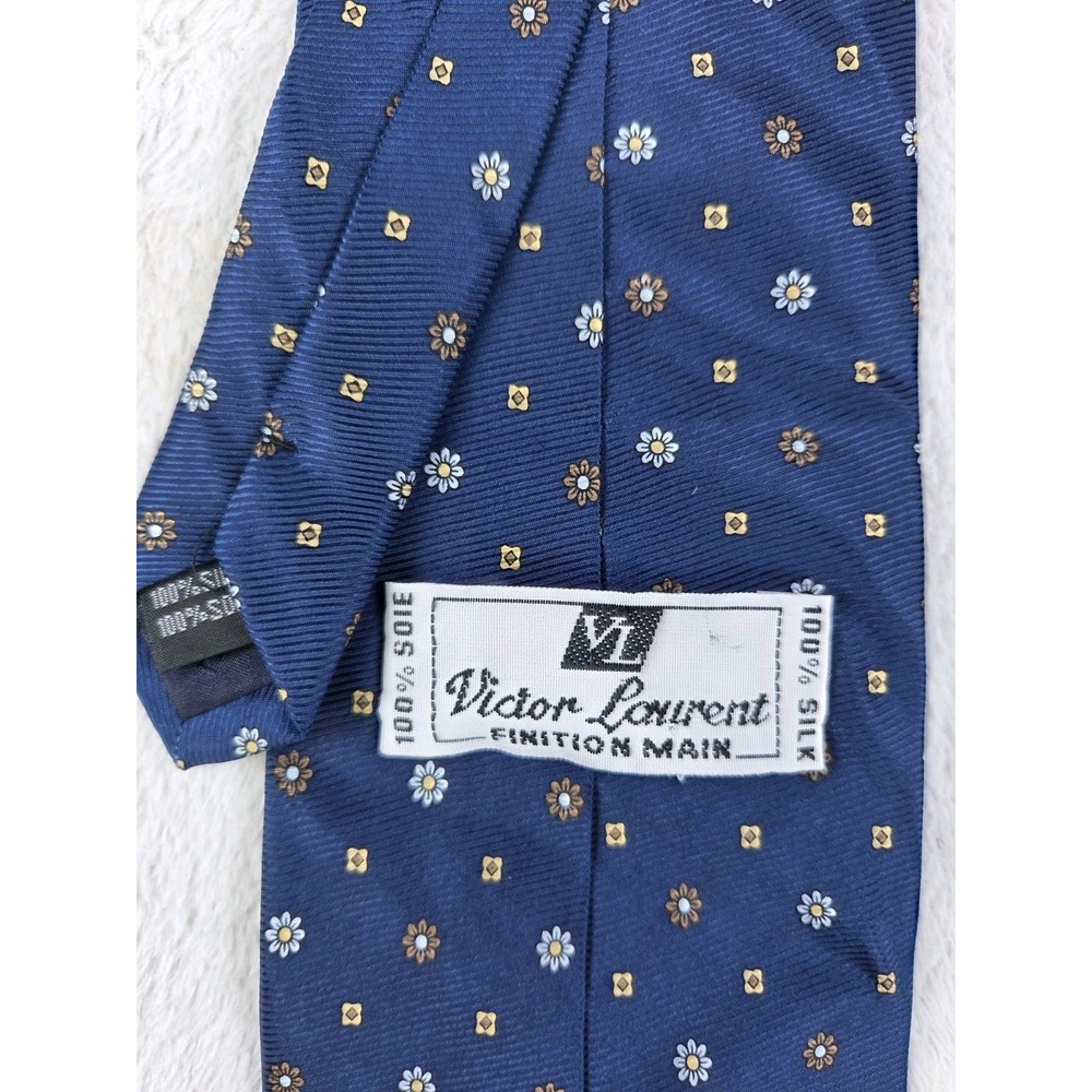 Victor Laurent 100% Silk Tie Navy Blue Floral Foulard Necktie Classic Made USA